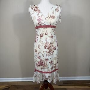 Vintage Y2K Floral Midi Dress Cottagecore Tie Strap Lace Trim Romantic Sz L
